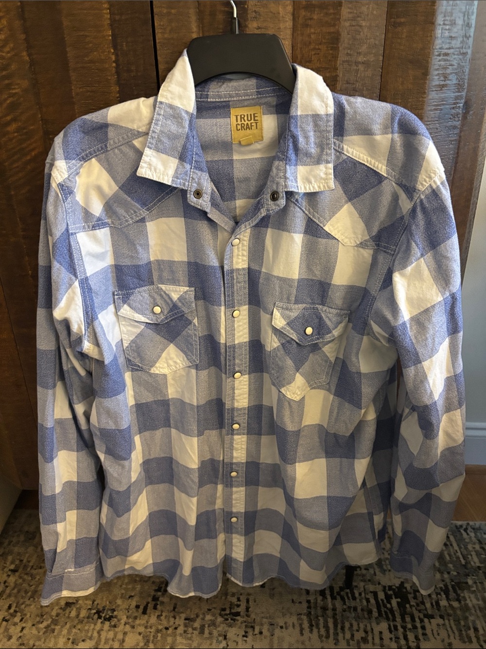 True Craft Light Blue and White Plaid Western Pearl Snaps Shirt